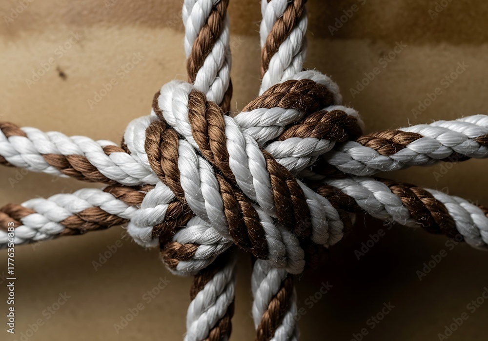 Fototapeta premium A close up view of intertwined brown and white rope strands