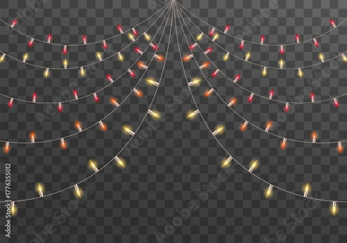 Glowing Christmas Party Lights, Realistic Wire Garland Illustration, Multicolored Holiday Lights Hanging in Decorative Swags