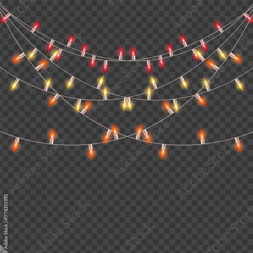 Multicolored Holiday Lights Hanging in Decorative Swags, Christmas String Lights Garland on Transparent Background