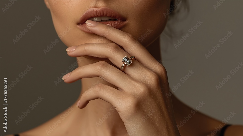 Obraz premium Macro shot of a gemstone ring on a woman’s left hand, detailed texture of skin and jewelry, blurred neutral background.