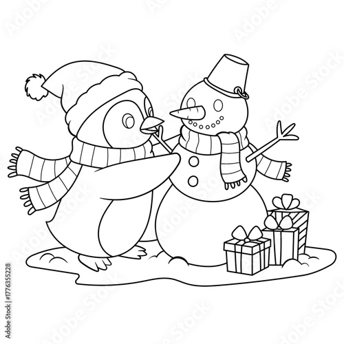 Cute Penguin Making Snowman Christmas Coloring Page for Kids