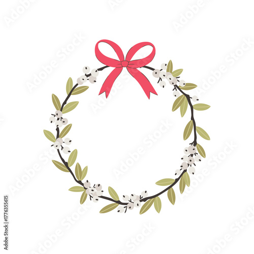 Elegant Christmas wreath vector with winter branches and delicate white berries, snowberries or mistletoe, tied with a striking red bow. Minimalist, hand-drawn seasonal frame invitations, and decor.