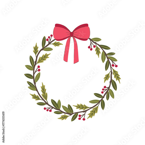Christmas wreath vector with dark green foliage and red berries, topped with a bold, classic red bow. Hand-drawn holiday border for traditional greeting cards, packaging design, and winter promotions.