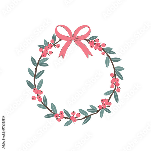Minimalist Christmas wreath vector with winter foliage, red holly berries, and a pink bow. Hand-drawn, stylish design for holiday cards, wedding invites, and branding. Elegant isolated festive frame.