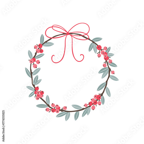 Minimalist Christmas wreath vector with abundant vibrant pink and red berries and cool-toned leaves, finished with a delicate string bow. Hand-drawn elegant frame for holiday stationery