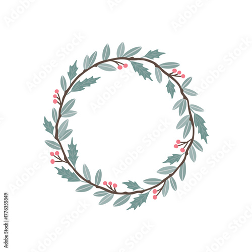 Hand drawn wreath with red berries and fir branches. Round frame for Christmas cards and winter design. Vector layout with copyspace.