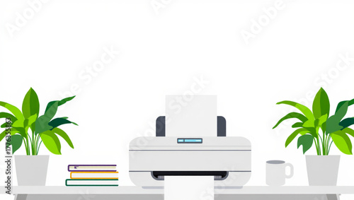 Modern home office setup with printer and plants