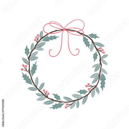 Minimalist Christmas wreath vector with winter foliage, red holly berries, and a pink bow. Hand-drawn, stylish design for holiday cards, wedding invites, and branding. Elegant isolated festive frame.