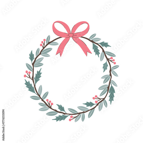 Minimalist Christmas wreath vector with winter foliage, red holly berries, and a pink bow. Hand-drawn, stylish design for holiday cards, wedding invites, and branding. Elegant isolated festive frame.