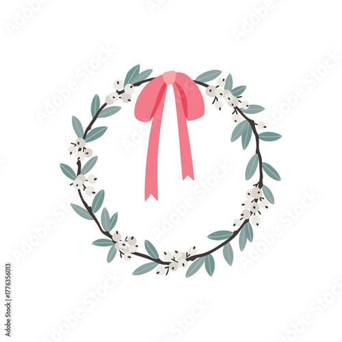 Stylish Christmas wreath with winter branches and white berries, adorned with a delicate pink bow. Vintage and minimalist vector illustration perfect for festive greeting cards, decoration, and design
