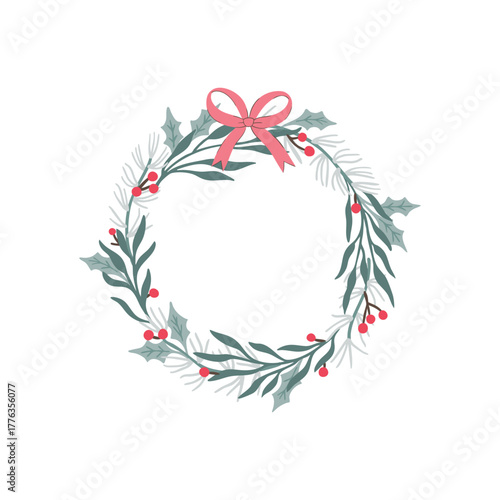 Minimalist Christmas wreath vector with winter foliage, red holly berries, and a pink bow. Hand-drawn, stylish design for holiday cards, wedding invites, and branding. Elegant isolated festive frame.