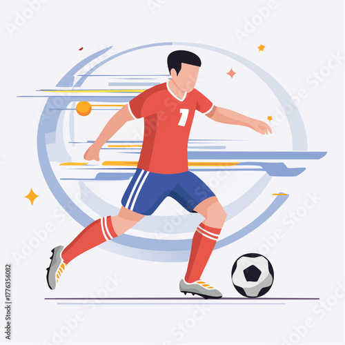 Boy athlete kicking a soccer ball in a game