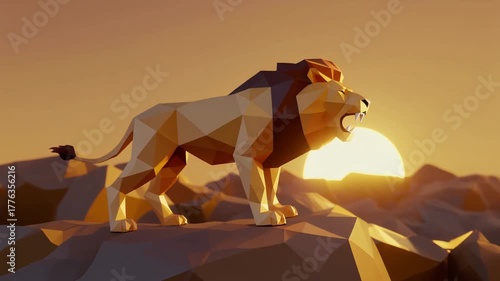 Low Poly Lion Standing on Rock at Sunset