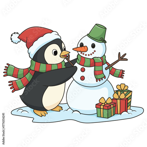 Cute Penguin Making Snowman with Christmas Gifts Vector Illustration for Kids