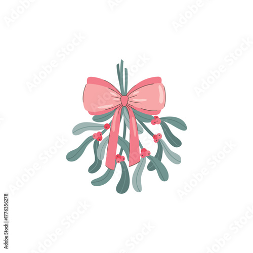 Modern Christmas mistletoe vector with cool-toned blue-grey leaves and delicate pink berries, tied with a stylish pink bow. Hand-drawn element ideal for minimalist holiday stationery. Pastel decor.