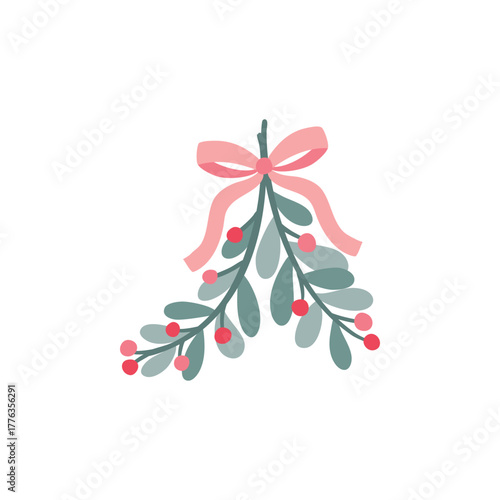 Modern mistletoe vector with cool-toned leaves and pink-red berries, tied with a stylish pink bow. Hand-drawn, isolated holiday element ideal for clean design, stationery, and minimalist. Pastel decor