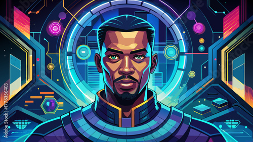 Very beautiful portrait of an innovative African-American man using futuristic technology, surrounded by glowing digital interfaces and a sleek, high-tech environment.
