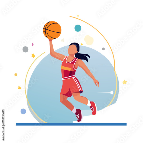 Dynamic vector illustration of a basketball player silhouette in action, a fun game of dunk for a young athlete