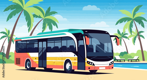 Colorful Tour Bus Parked Near Tropical Beach Resort.