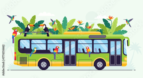 Green Bus with Tropical Birds and Plants.