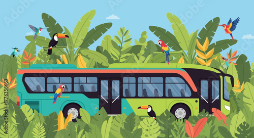 Vibrant Bus Tour Through Lush Tropical Jungle Illustration.