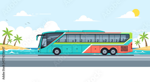 Colorful Tour Bus on Coastal Road with Palm Trees.