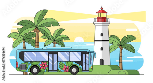Tropical bus near lighthouse perfect for island adventures and travel.