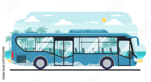 Blue public transport bus with a seaside theme illustration.