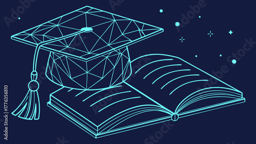 Graduation cap over open book symbolizes e learning and academic achievement, inspiring future success and knowledge