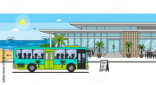 Colorful bus parked near modern building with passengers inside.