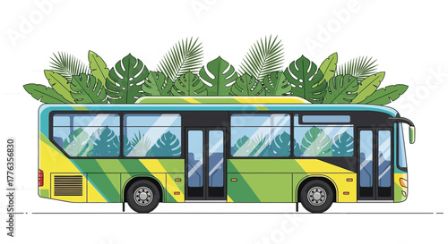 Eco friendly bus with green leaves on top for sustainable transport.