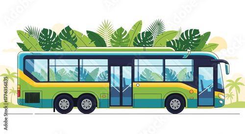 Modern tour bus with tropical leaf decorations for summer travel.