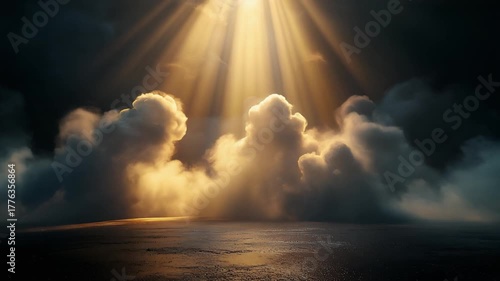 Divine Light Ray Breaking Through Clouds on Ocean Horizon
