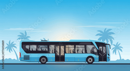Blue bus on the road with palm trees in the background.