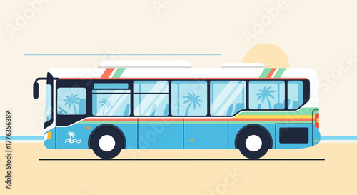 Blue bus with surfboards on top driving on a sunny day.