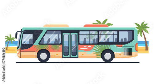 Colorful Tropical Tour Bus with Palm Trees and Beach Scenery.