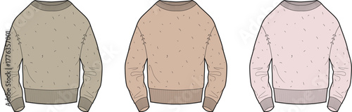 Set of long sleeve oversized crew neck sweaters in neutral colors. Vector fashion flat sketch illustration template for apparel and clothing design