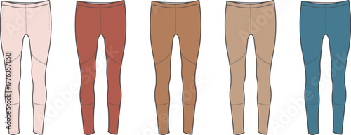 Collection of women's activewear leggings fashion flat sketches in various colors, showcasing sportswear design details for apparel product development and technical specifications