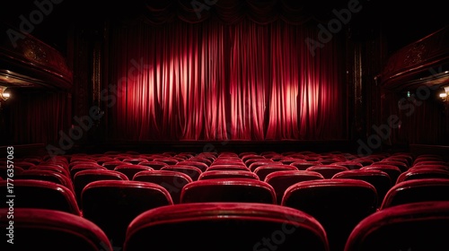 Step into a world of drama and spectacle! Behold the majestic theater with plush red seats and curtains. Awaiting the grand opening night show.