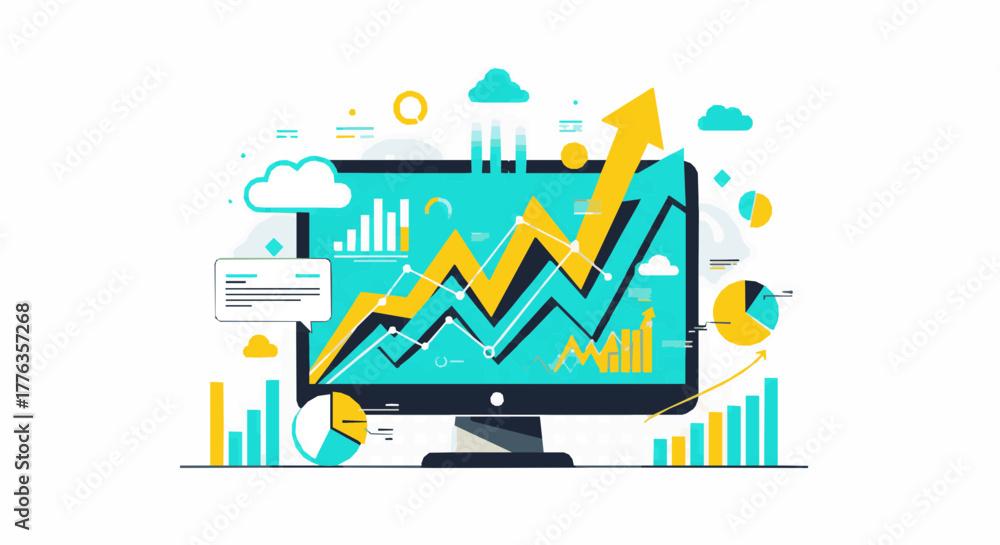 Obraz premium Data Analytics and Business Growth Illustration with Charts and Graphs on Computer Screen 