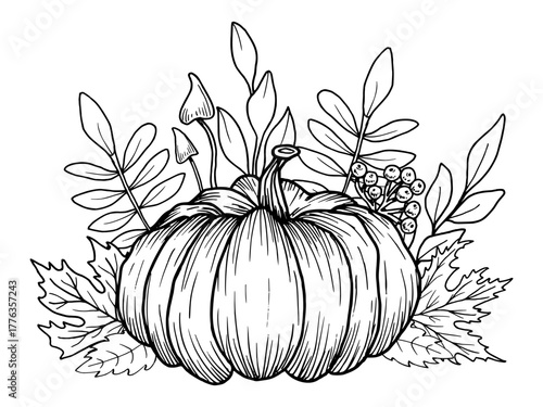 Pumpkin with maple leaves, rowan berries, and mushrooms. Hand-drawn botanical vector illustration. Black line art. Autumn garden composition for seasonal holidays, festivals and Thanksgiving