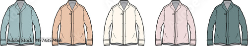 Vector flat sketches of essential bomber jackets presented in a diverse palette of soft and muted solid colors, ideal for fashion design templates and clothing mockups