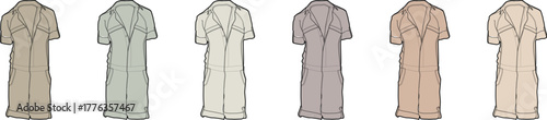 A collection of classic short-sleeved trench coats in a muted neutral color palette. Fashion illustration for timeless style and apparel concepts