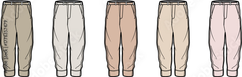 Collection of five pairs of contemporary casual pants in a versatile range of earthy and soft pastel hues, ideal for apparel design, fashion illustration, and clothing mockups