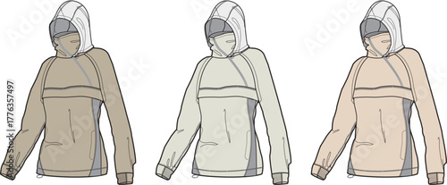 Fashion design technical flats of versatile hooded quarter-zip pullover jackets for women, showcasing practical activewear and sportswear apparel concepts in a range of neutral color schemes