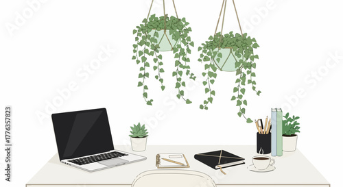 Office desk with laptop and houseplants illustrates a tranquil workspace. Office desk concept shows notebook, coffee, and greenery for a calm atmosphere.