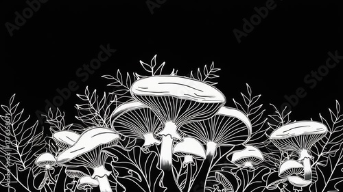 Mushroom Line Art Illustration Black and White Botanical Design