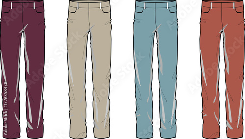 Collection of Flat Fashion Technical Drawings of Casual Pants