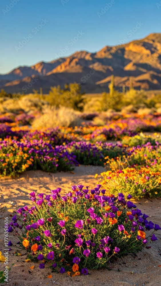 Obraz premium Vibrant Desert Bloom: A breathtaking scene unfolds as a profusion of colorful wildflowers blankets the arid desert landscape, against the backdrop of majestic mountains and clear blue sky.