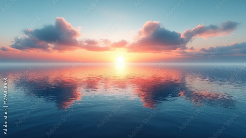 Fototapeta premium Serene Sunset Reflection on Calm Ocean Waters with Cloudscape.